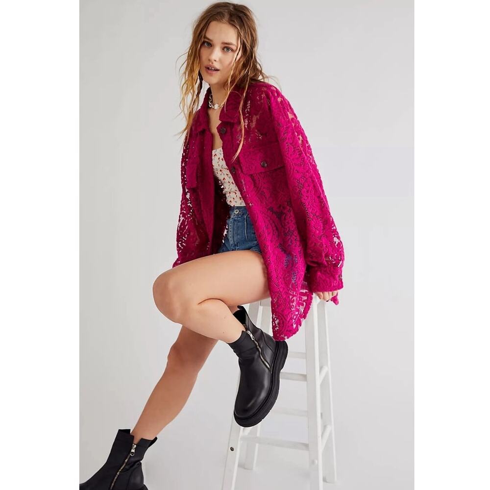 We The Free Ruby Lace Raspberry Shacket Jacket Button Up Oversized Size L - Picture 2 of 10